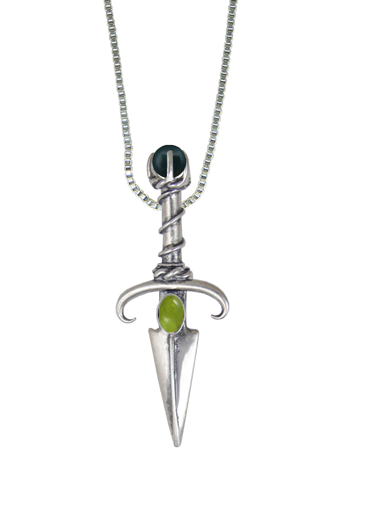 Sterling Silver Black Prince's Knife Dagger Pendant With Peridot And Bloodstone